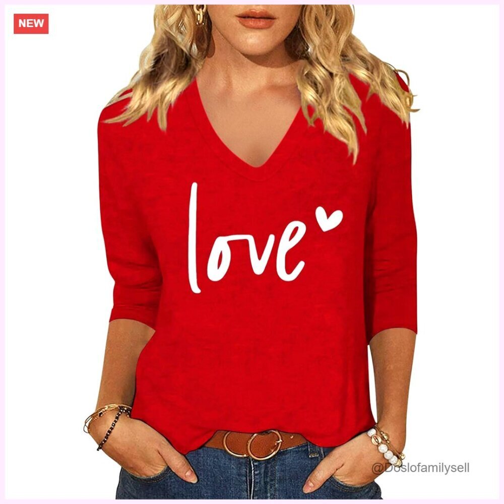 Women's 3/4 Sleeve V-Neck Graphic Tee Love Heart Print Cotton Blend Top